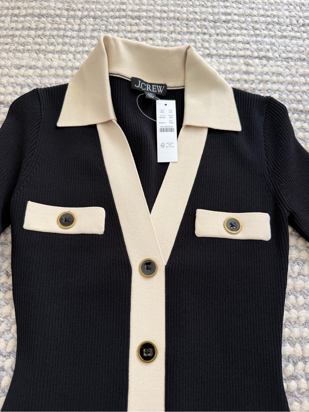 NWT! J. Crew Black and Cream V-Neck Collared Button Ribbed Sweater